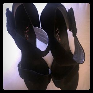 Black fabric opened toed heels